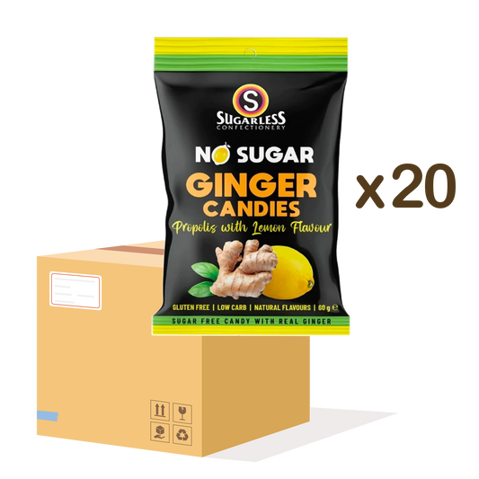 【1箱20包】Sugarless 無糖檸檬薑蜂膠硬糖 - 60g