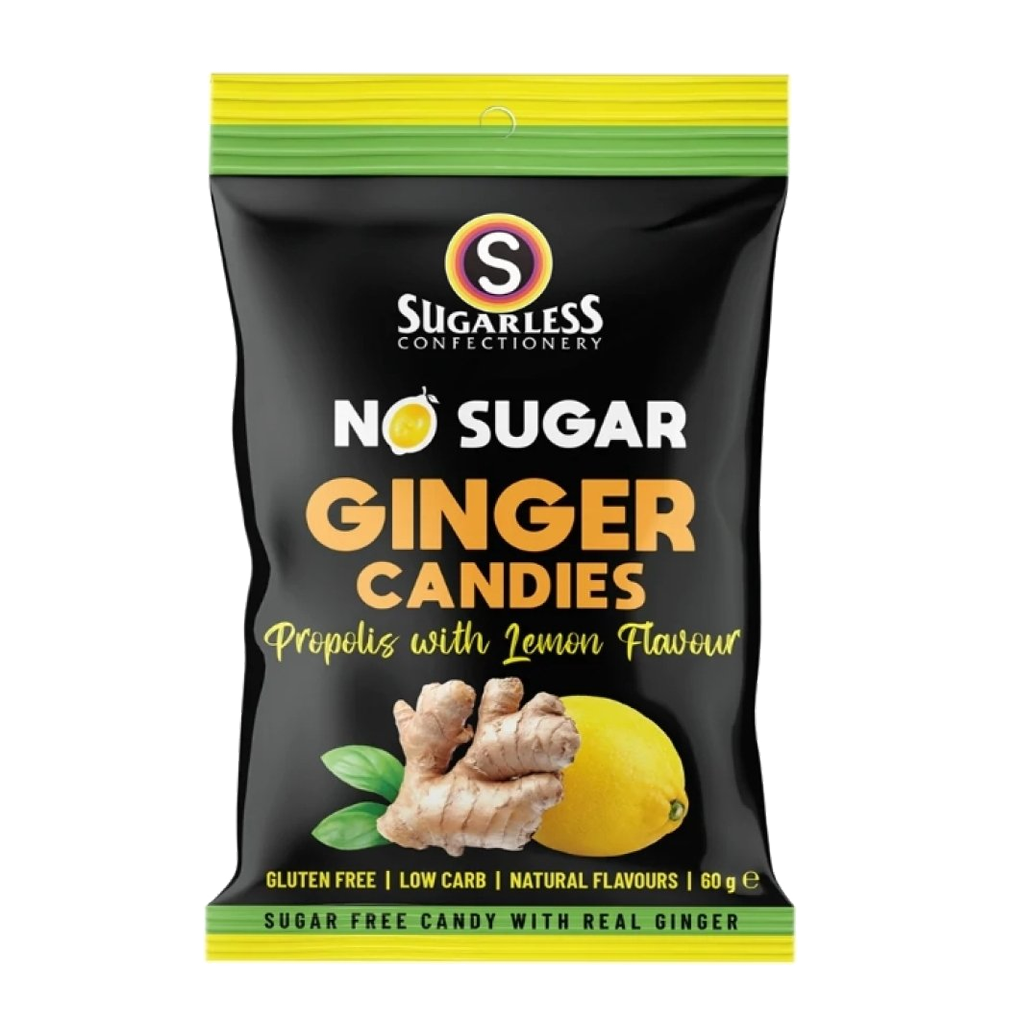 【1 box 20 packs】Sugarless Sugar-free Lemon Ginger Propolis Hard Candy - 60g