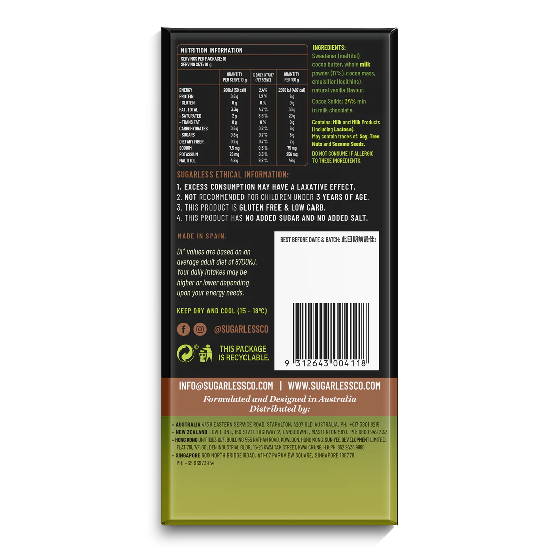 Sugarless Milk Chocolate Sugarless Chocolate (packed) - 100g